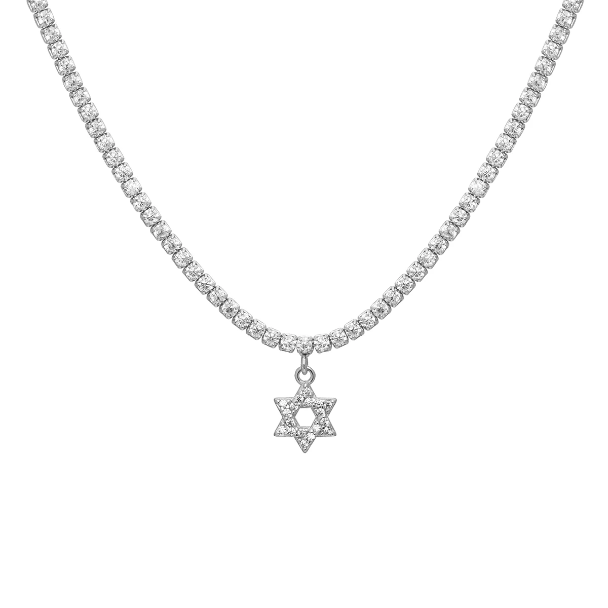 925 Sterling Silver Women Jewelry Israel Jewish Zircon Tennis Chain Choker Necklace With Star Of David Charm