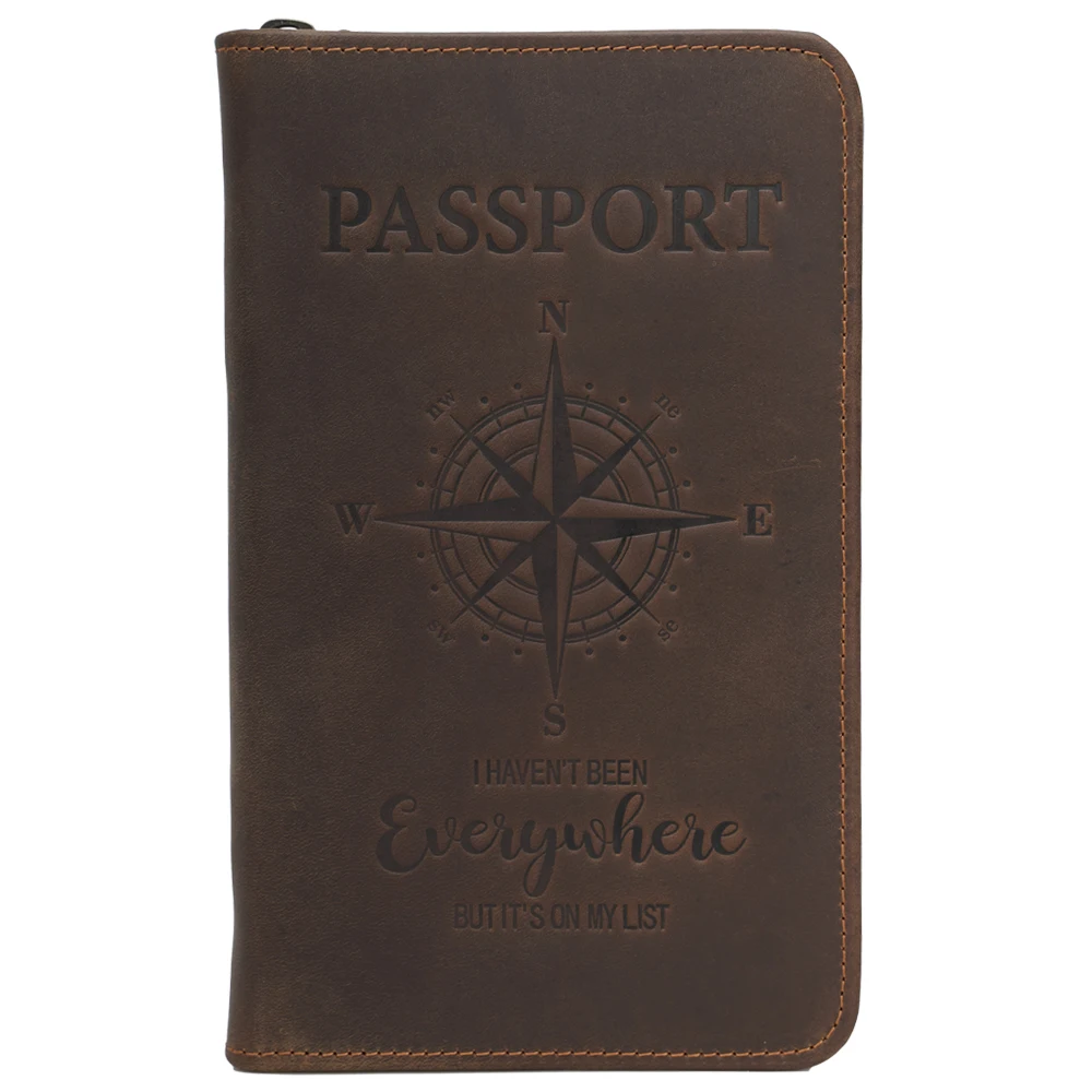 Compass Pattern Or Custom Logo Vintage Passport Wallet Travel Certificate Zipper Genuine Cowhide Leather Passport Holder Cover