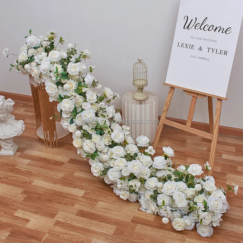 Y-FR022 Wholesale flower table runner wedding white rose flower runner for wedding event flower table runner wedding arrangement