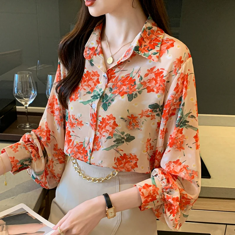Женская шифоновая рубашка с цветочным принтом и рукавами-фонариками Свободный Топ отложным воротником весенне-летняя повседневная китайская блузка для женщин