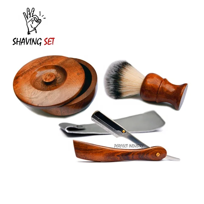 Rosewood Synthetic hair shaving brush Straight Razor and wooden shaving bowl set with custom log and packing