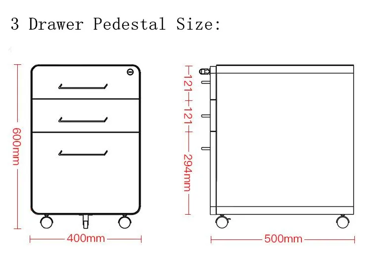 Office use Slim Edge Round Corner Space Saving Design Mobile Pedestal Under Desk 3 Drawer Metal File Cabinet