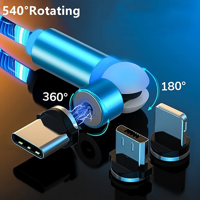 Led Flowing Light Rotating 540 Degree 3 In 1 Magnet Charging Usb Cable Magnetic Charging Data Cable