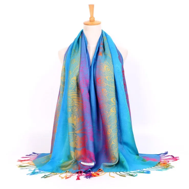 New Colorful Rainbow Scarf Pashmina Jacquard Peacock Shawl