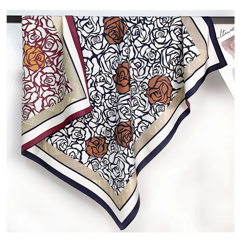 2024 Spring/Summer New Flower Printed Satin 90 Square Scarf with Double sided Printing Customized Silk Scarf Bandannas