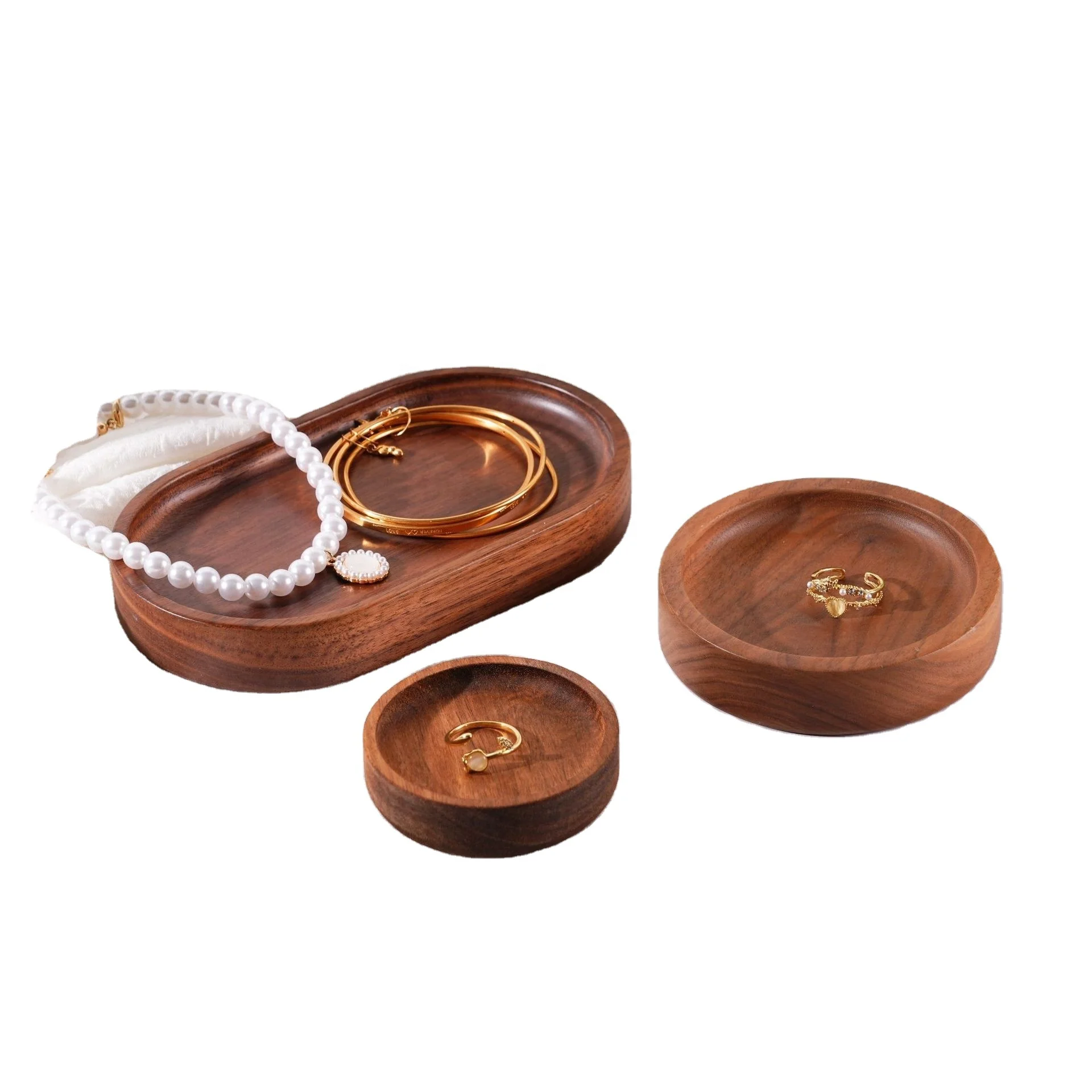 Round Oval Solid Wood Jewelry Ring Display Tray Necklace Tray