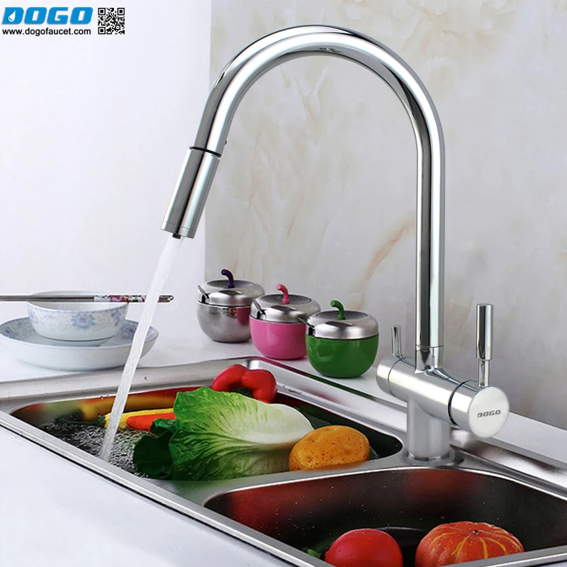 High Quality 3-Way Pull out Filter Tap Stainless Steel AISI 3-in-1 Purification Kitchen Mixer Faucet Chrome Finished