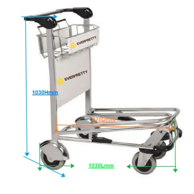 Customized Airport Furniture Stainless Steel Trolley with Basket and Rubber Wheels