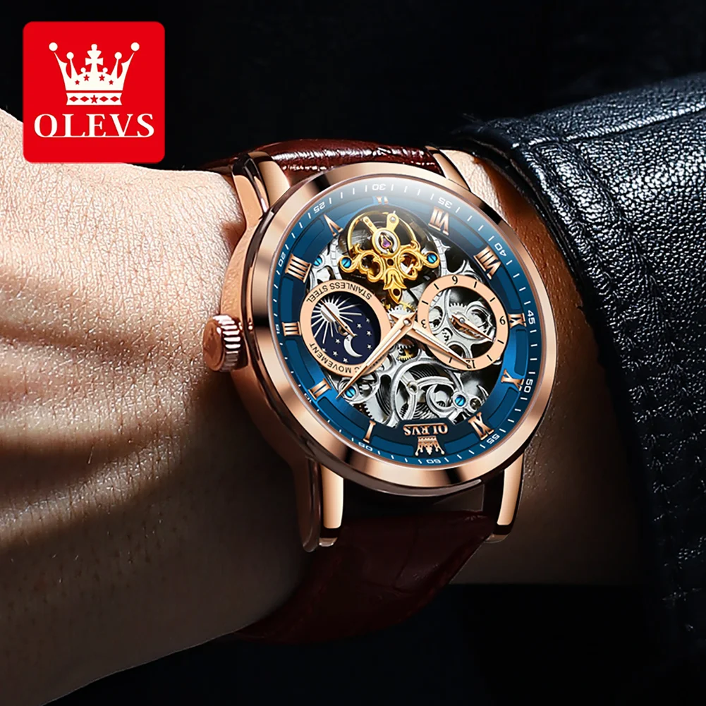 OLEVS 6670 Newest Men Watch 2022 Luxury Leather Automatic Mechanical Tourbillon Skeleton Watch