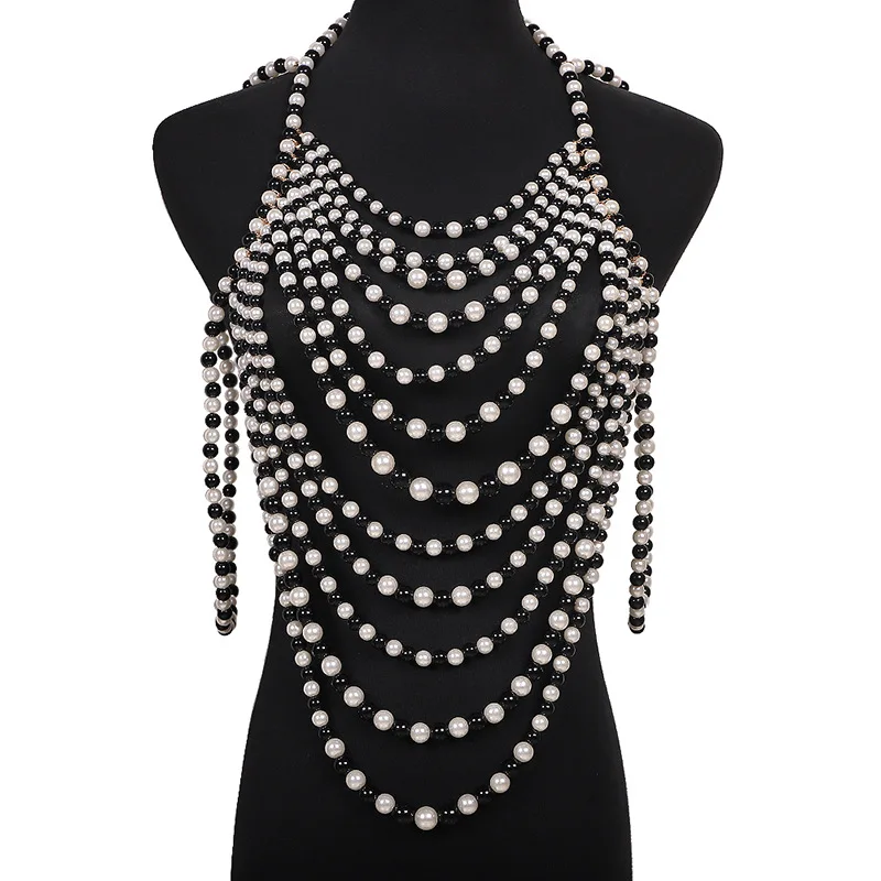 Wholesale Wedding Dress Accessories Pearl Necklace Long Multilayer Beaded Sweater Chain Exaggerated Big Body Chain
