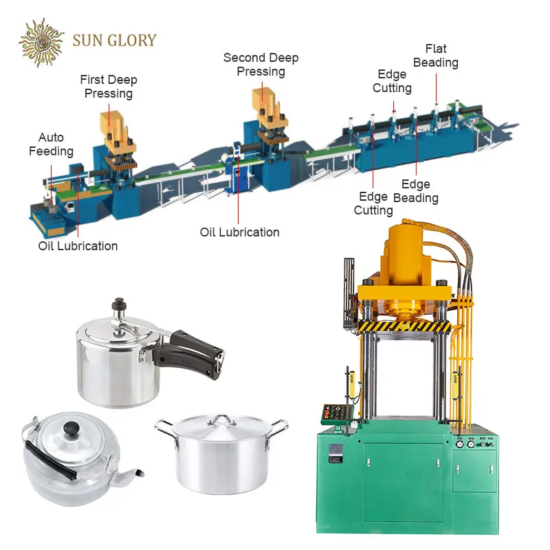 SunGlory Full Automatic 1.8L~2.8L drum rice cooker production line aluminium pot making machine four column 200T hydraulic press