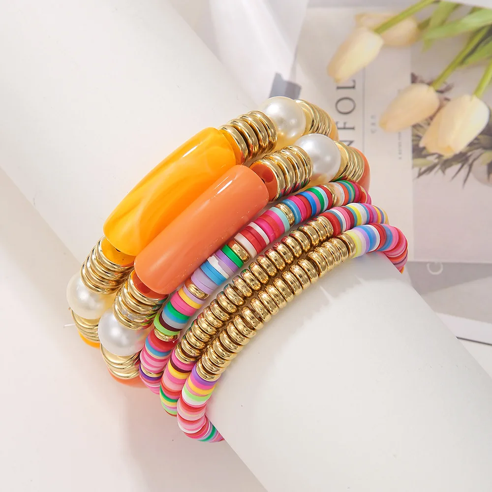 Hot sale  Boho Polymer Clay Pearl Beading 18k Gold Layered Bracelet Women Vintage Elastic Acrylic Bracelet Jewelry For Gift
