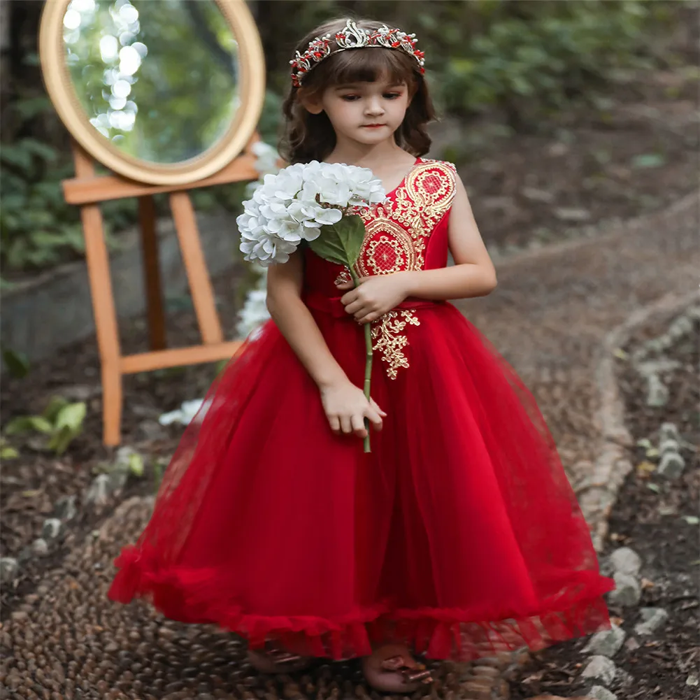 3-12 Years Red Kids Girls Princess Wedding Dress Embroidered Gown for Girls Multilayer Big Girl Dresses for Birthday Party