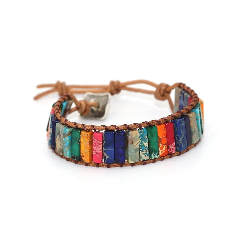 8230550  Bracelet Jewelry Handmade Multi Color Natural Stone Tube Beads Leather Wrap Bracelet Couples Bracelets