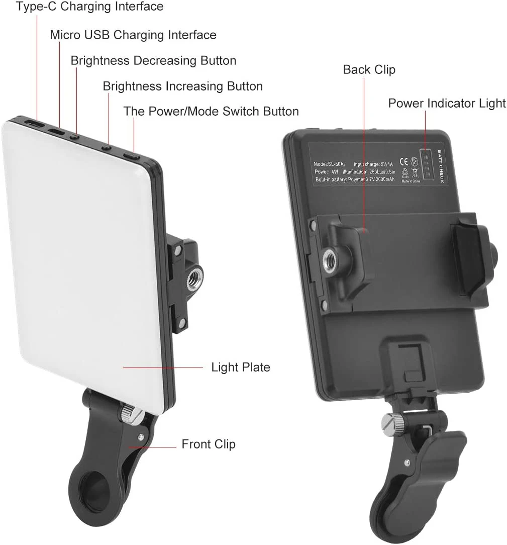 Front & Back Clip Adjusted 3 Light Modes for Phone 60 LED High Power Rechargeable Clip Fill LED Video Light