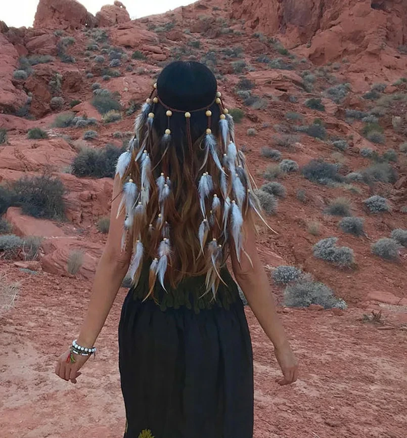 Factory Wholesale Boho Feather Headpiece Headband Braided Hairband Gypsy Indian Feather Headdress