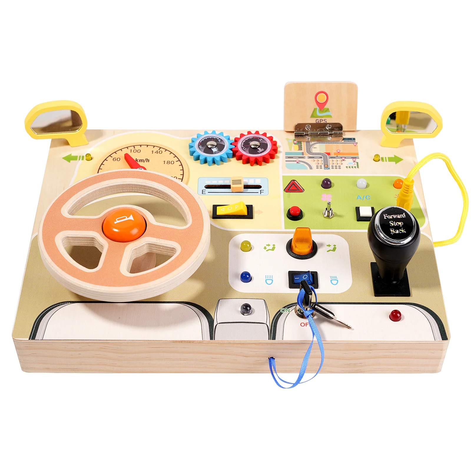 Montessori Busy Board with LED Lights | Wooden Steering Wheel Toy for Toddlers | Interactive Educational Sensory Toys