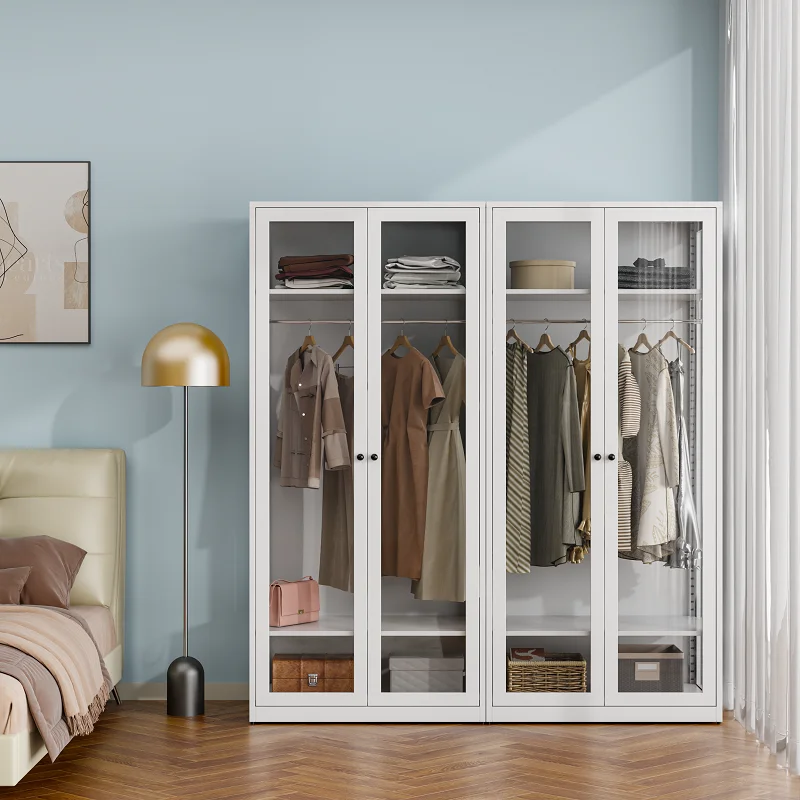 Metal Wardrobe Bedroom Cabinet Cloth Wardrobe with Glass Swing Door Bedroom Closes Storage Cabinet Adjustable Shelves
