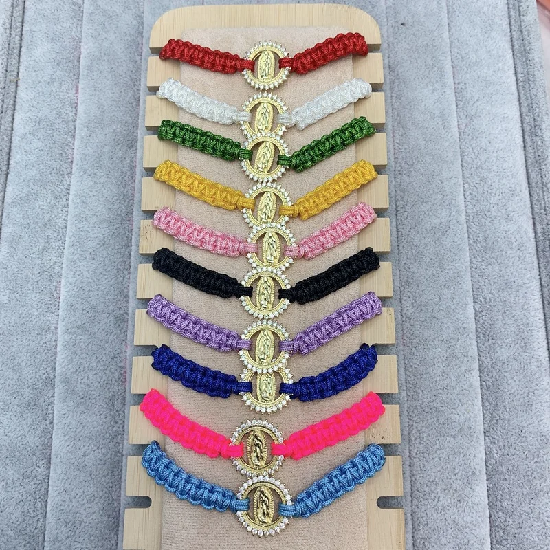Custom virgin mary zircon gold charm handmade woven braided rope bracelet women
