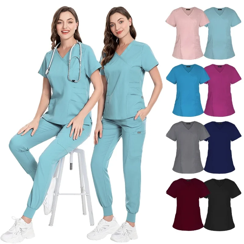 Custom Logo V Neck Tops Womens Scrub And Straight Leg Pant Uniforms Sets Label Custom Medical Assistant Scrub Set