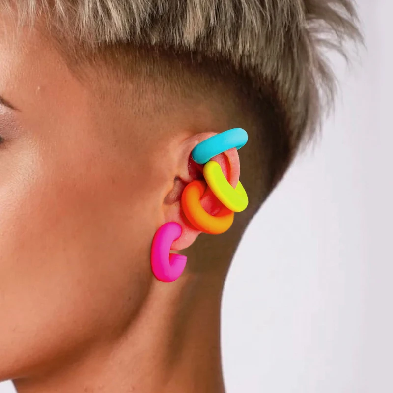 Fashion Korean CC Gradient Texture Dating Cuff Earrings Candy Colorful Cool Boy Party Contrast Acrylic U Shape Ear Clip