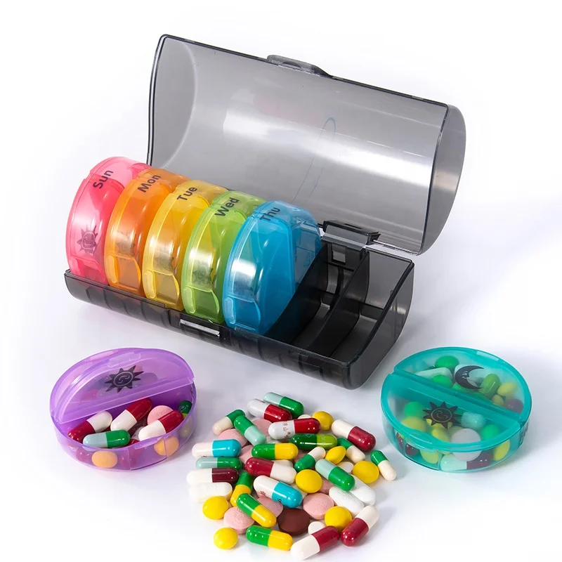 Круглый органайзер для таблеток на неделю (7 дней), коробка для витаминов и лекарств, большой ежедневный контейнер для таблеток с 14 отделениями 2 раза в день
