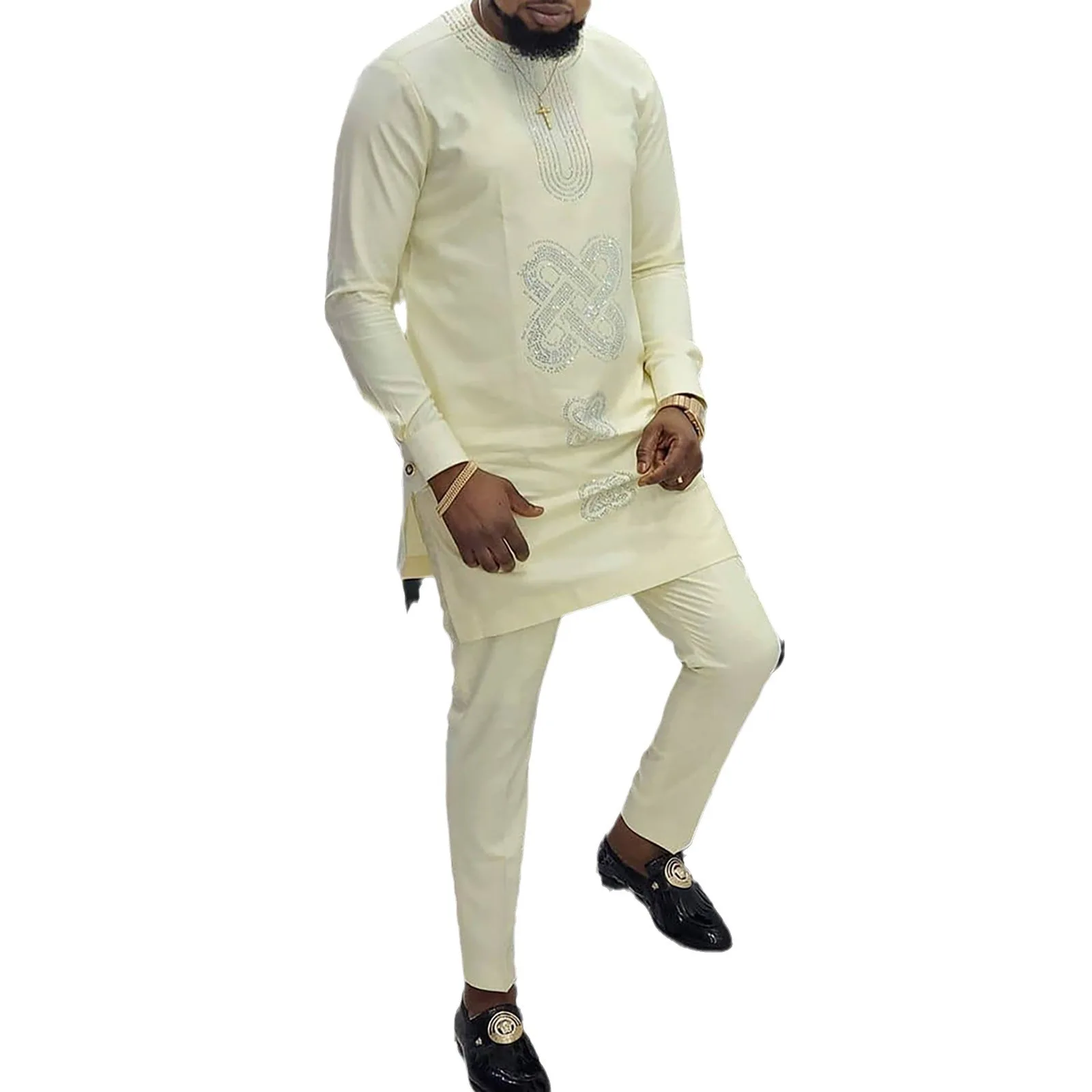 2024 New Africa Ethnic Style Muslim Solid Color Casual Slim Fit Robe Two Piece Sets Islamic Clothing Dashiki Plus Size Men Suits