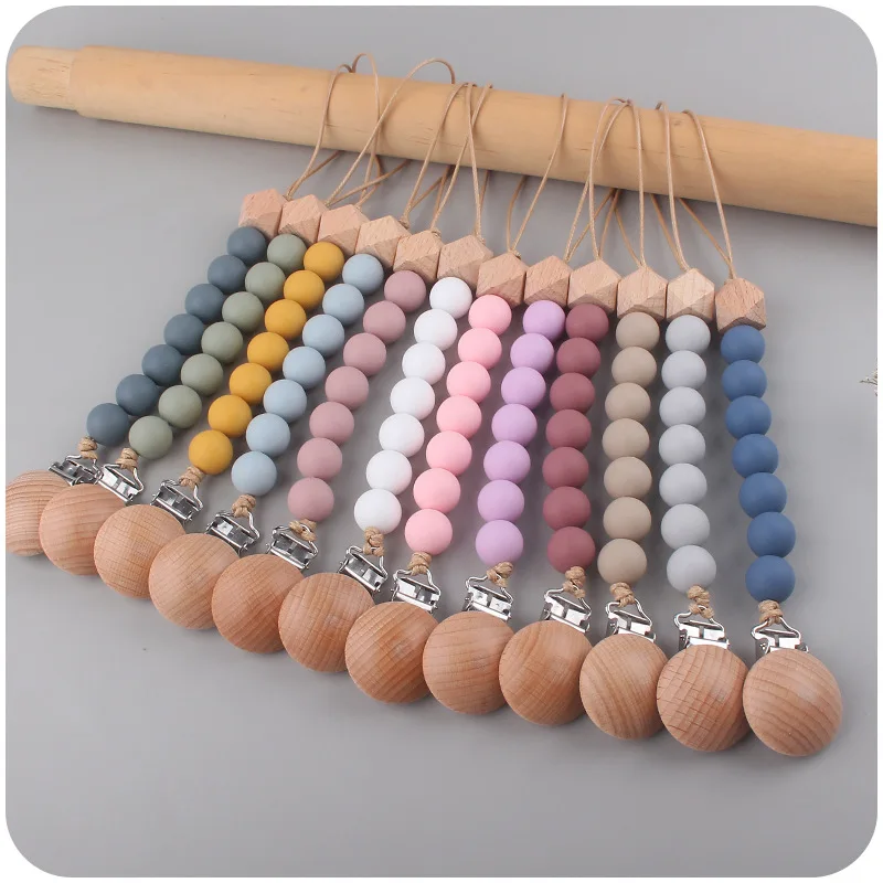 Promotional Silicone With Custom Food Grade Bpa Free Wooden Baby Holder Clip Dummy Clips Pacifier Chain