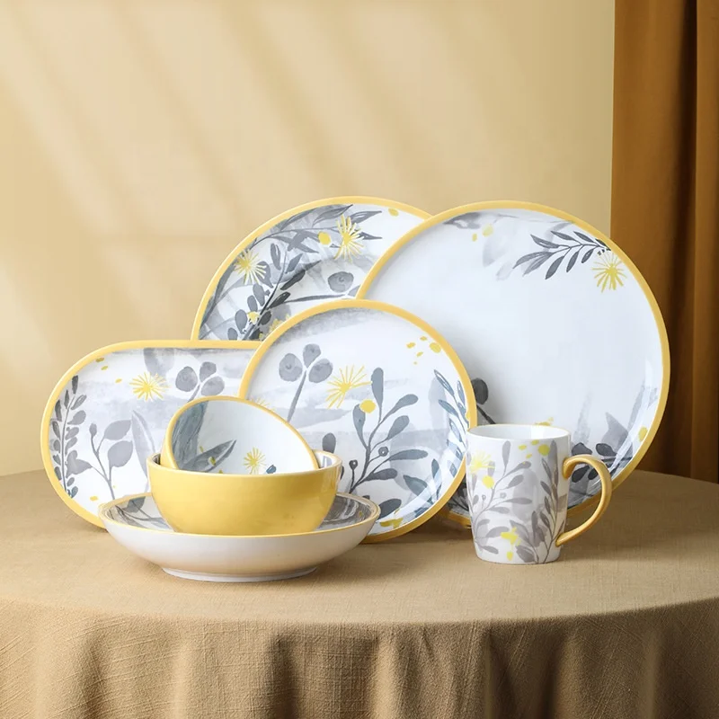 Hot selling ceramic kitchen accessories pastoral style yellow plates sets dinnerware hand painted crockery dinnerware sets