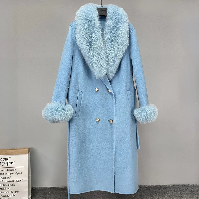 Double Faced Wool Coat With Fur Winter Real Fox Fur Collar Long Plus Size Ladies Handmade Women Cashmere Wool Coat For Women