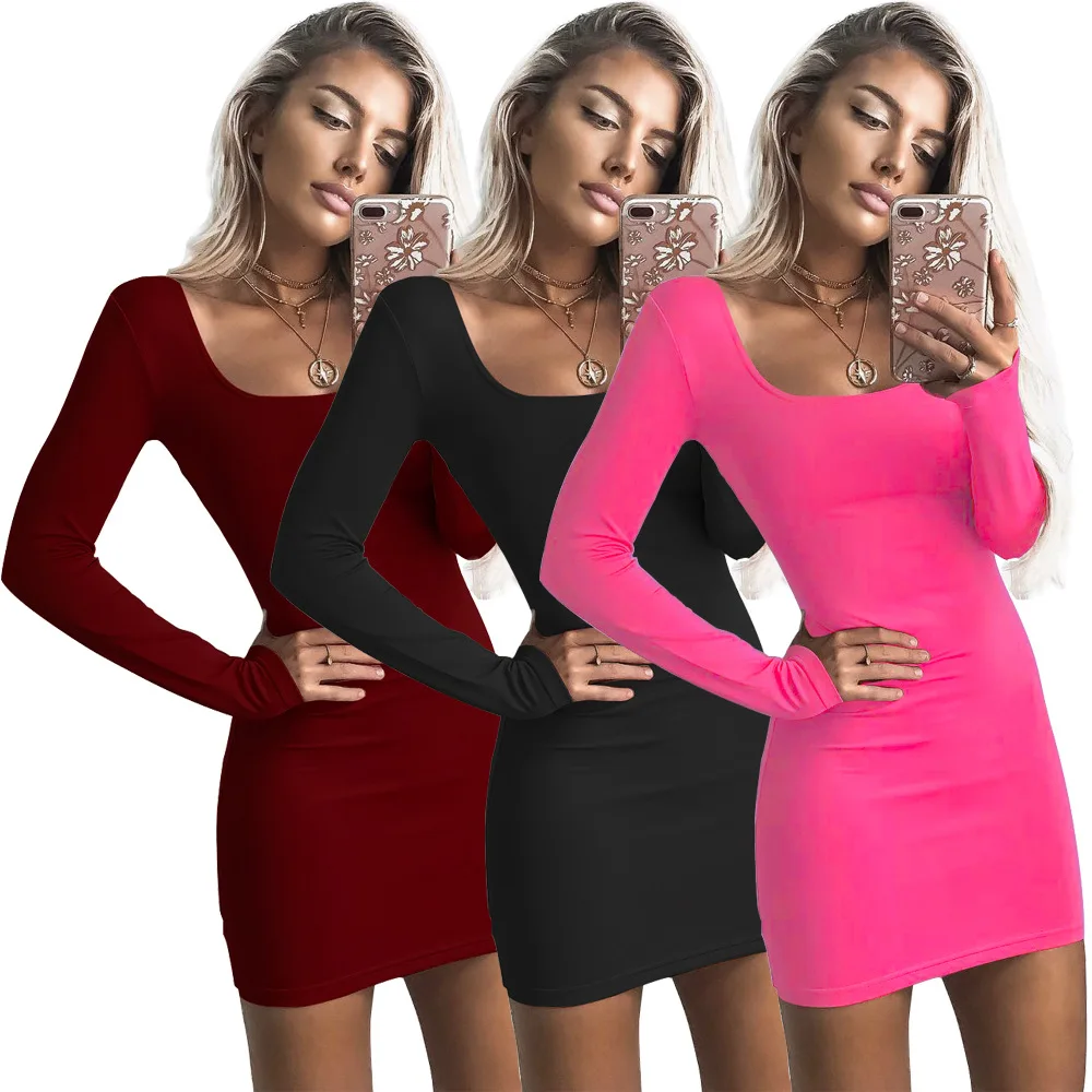 bodycon dress women Elegant Maxi Length Long Sleeve Square Collar High Stretch Bodycon Pullover Casual Dresses