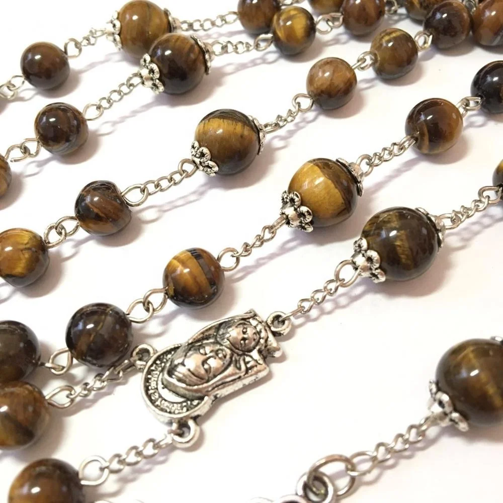 Customized tiger stone beads rosary Chaplet religious cross pendant silver plating Catholic beaded necklace Rosaries