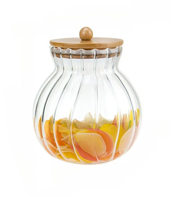 Factory direct Japanese pumpkin shape striped kitchen high borosilicate glass bamboo lid sealed storage jar