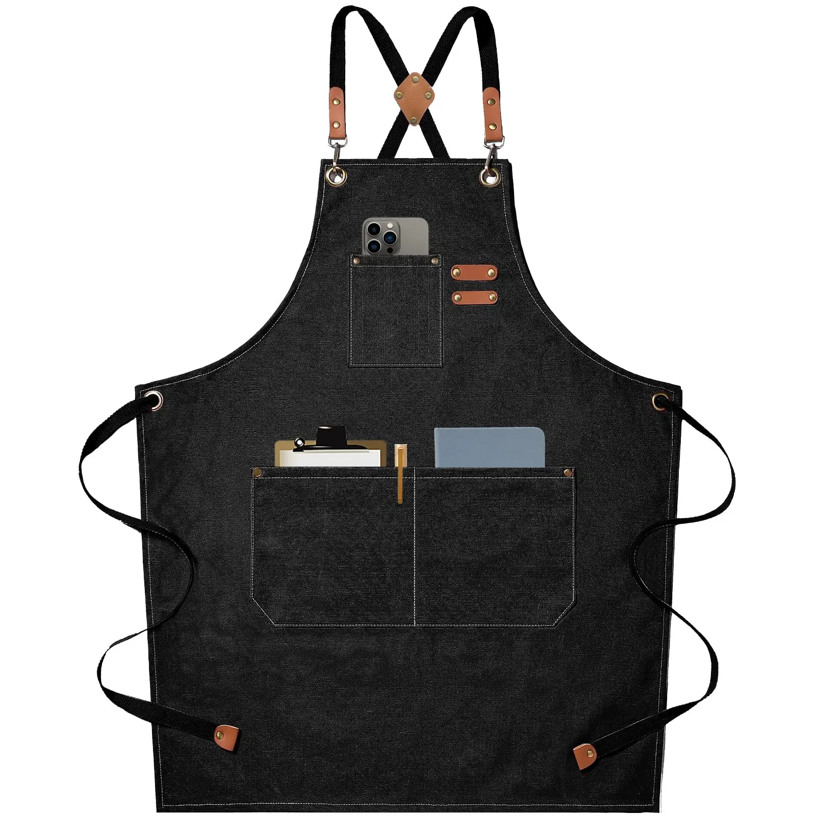 Custom Logo Chef Aprons for Men Women with Large Pockets Cotton Canvas Cross Back Heavy Duty Adjustable Work Apron