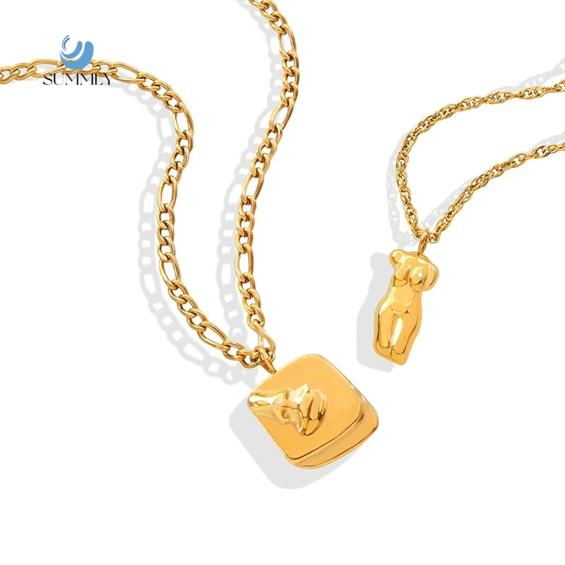 SUMMLY Vintage Abstract Body Face Pendant 18K Gold Plated Stainless Steel Chain Necklace Gift Fashion Jewelry