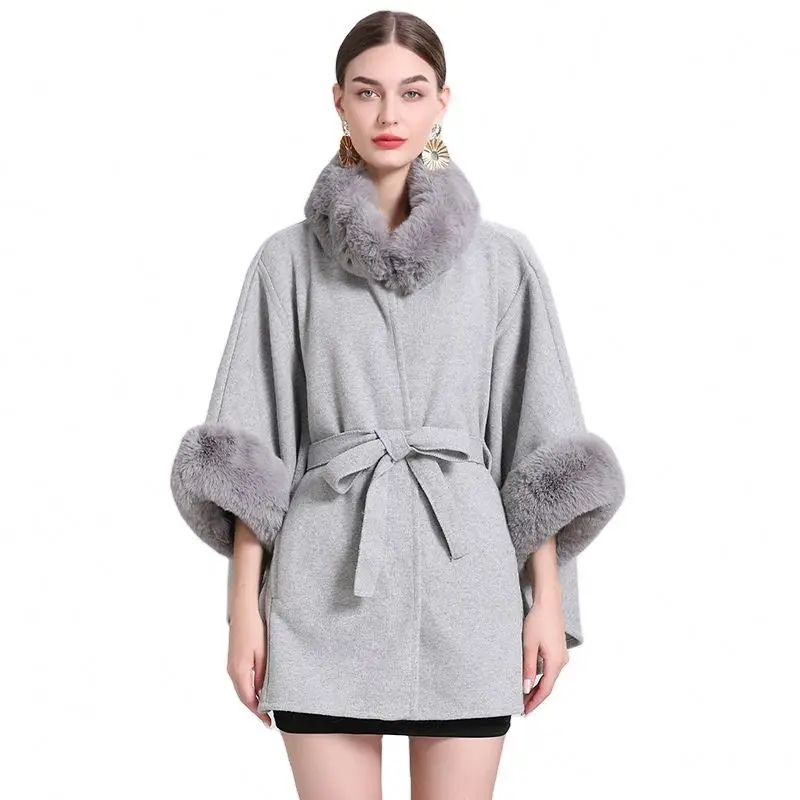 New Design Women Wool Capes High Fashion Faux Fur Shawls Fur Collar Lady Winter Ponchos