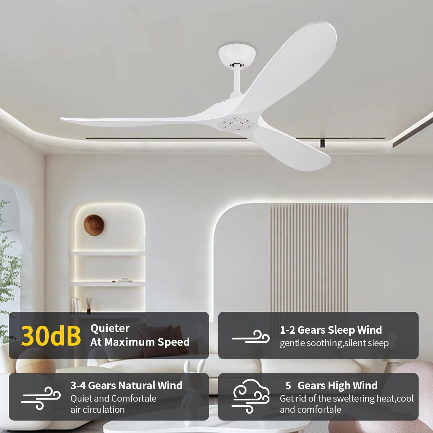 60' White Ceiling Fan without Light, Reversible Brushless DC motor, Modern Wood Ceiling Fan with Remote for Bedroom Living Room