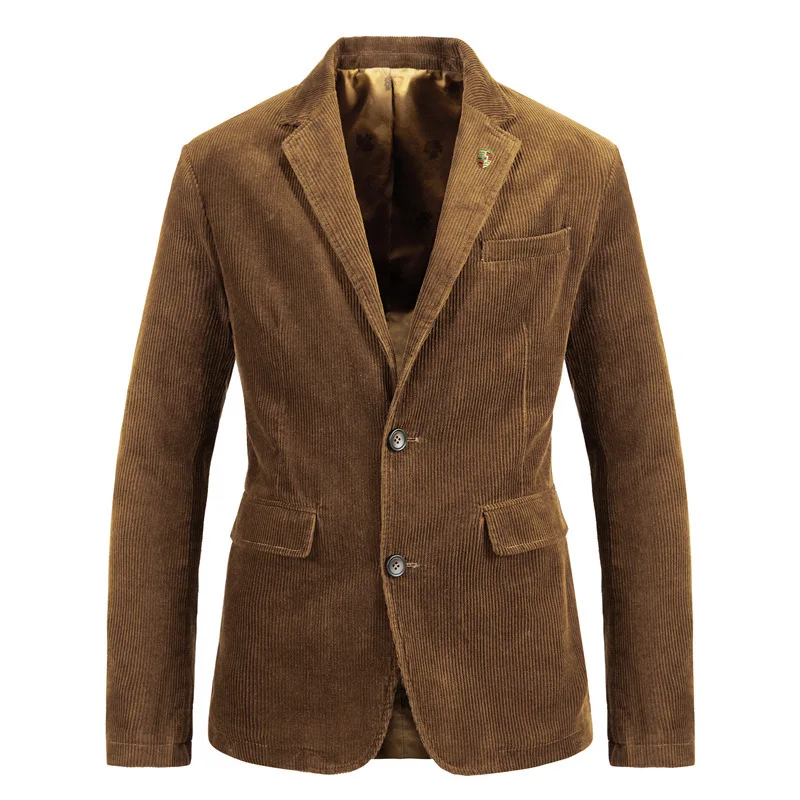 2021 Fashion Autumn Winter Blazer Men Cotton Corduroy Suit Jacket High Quality Stylish V-Neck Full Sleeve Casual Suit Jacket Men