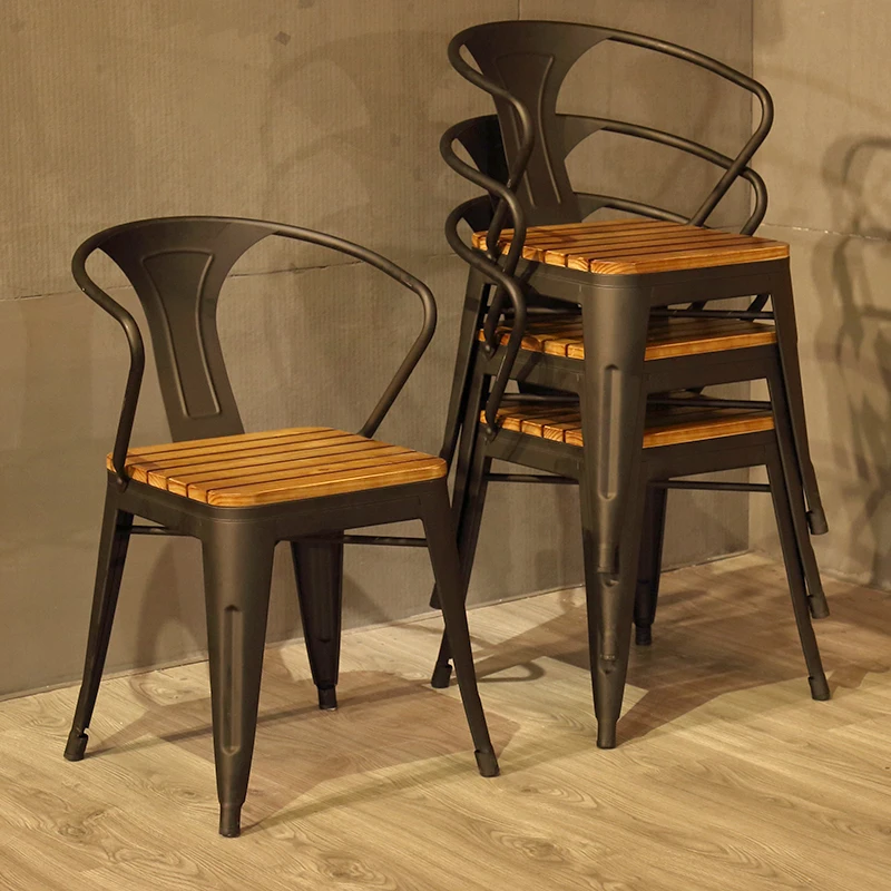 
restaurant Leisure banquet industrial Rustic cafe bistro Stackable steel metal dining chair with wood seat 