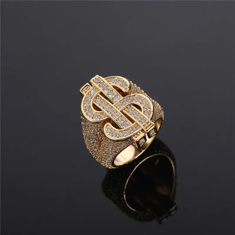 HIP Hop Classic Full Zircon CZ US Dollar Sign Ring Gold Silver Color Iced Out Charm Ring For Men Women Jewelry Size 8-10