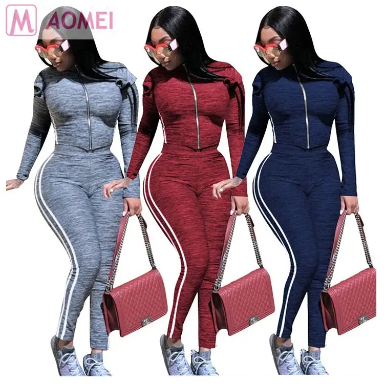 
M6023 wholesale new side stripe zipper front leisure tracksuit Pant 2 Piece Set Women Clothing 