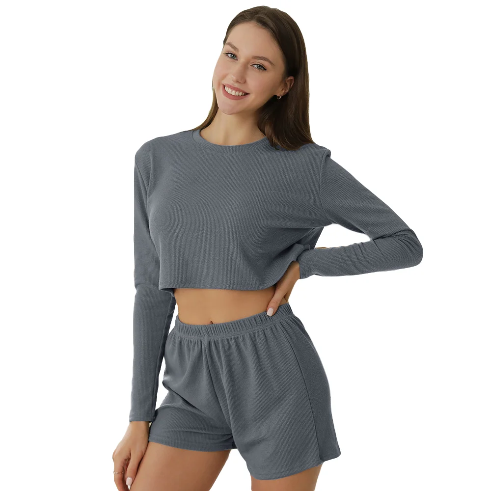 2022 Spring Pajamas Long Sleeve Crop Top Two Piece Shorts Set Custom Ribbed Lounge Wear For Women