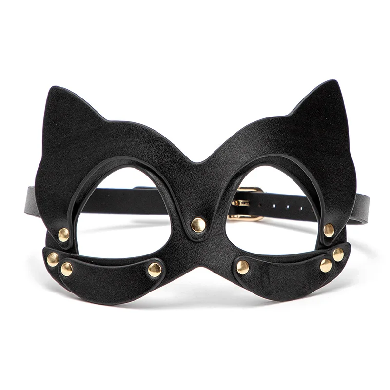 M250 Cat Ears Women Cosplay Sexy Black Leather Rivet Upper Half Face Eyes Mask for Fetish Masquerade Ball Carnival