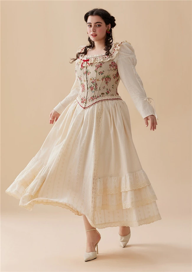 2024 Winter Elegant Fat Women 100% Cotton Ruffle Long Sleeve Lace Plus Size Dress