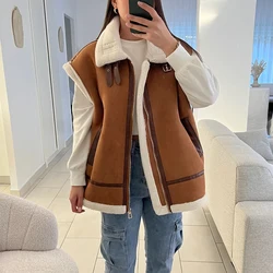 Moto Biker Lamb Wool Vests Women Fashion Suede Waistcoats Women Elegant Thick Warm Sleeveless Jackets Female Ladies