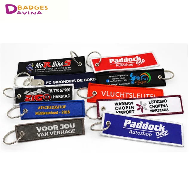 New fashion black and blue embroidery key tag ring chain patches manufacture in china