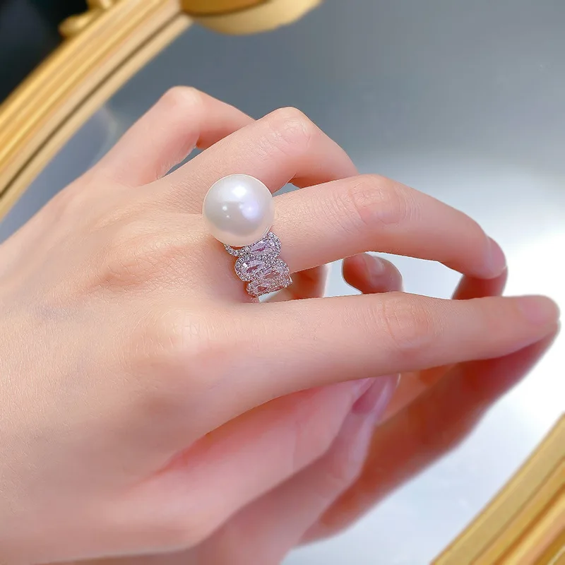 New 925 Silver Ring, Female Designer 14mm Pearl Ring with Luxury Inlaid Ring, Wedding Jewelry Wholesale