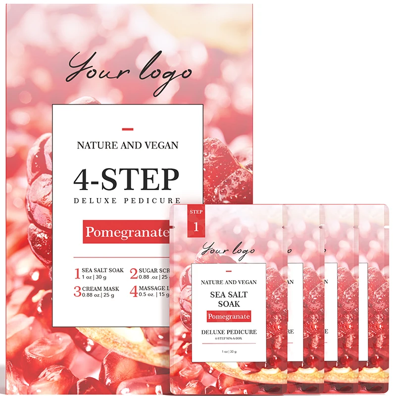 Oem Odm Private Label Pomegranate Scent Natural Foot Skin Care Set Detox Sea Salt Soak Pedi A Box 4 Step Spa Pedicure Kit