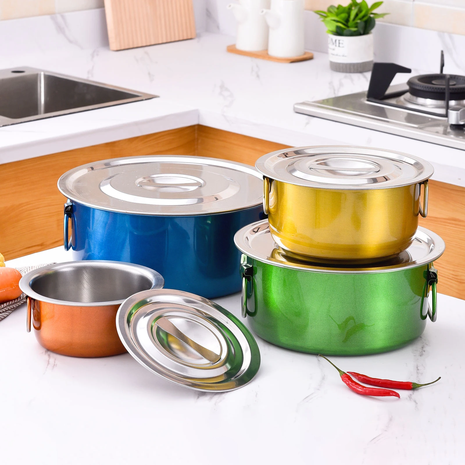 Premium Non Stick Cookware Pots 410 Stainless Steel 5 Piece Paint Polishing Cooking Pot Set With Handle