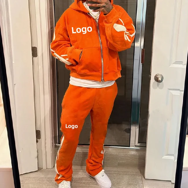 Custom High Quality Cotton Tracksuits French Terry Flared Sweatpants And Hoodie Set Streetwear Acid Wash Sweatsuit Set